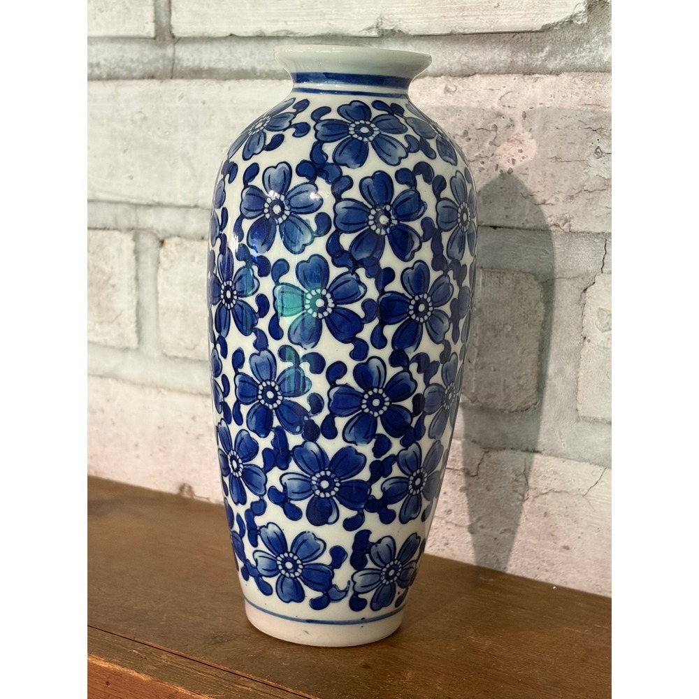 Vintage ceramic floral vase cylindrical baluster cobalt floral foliage pattern